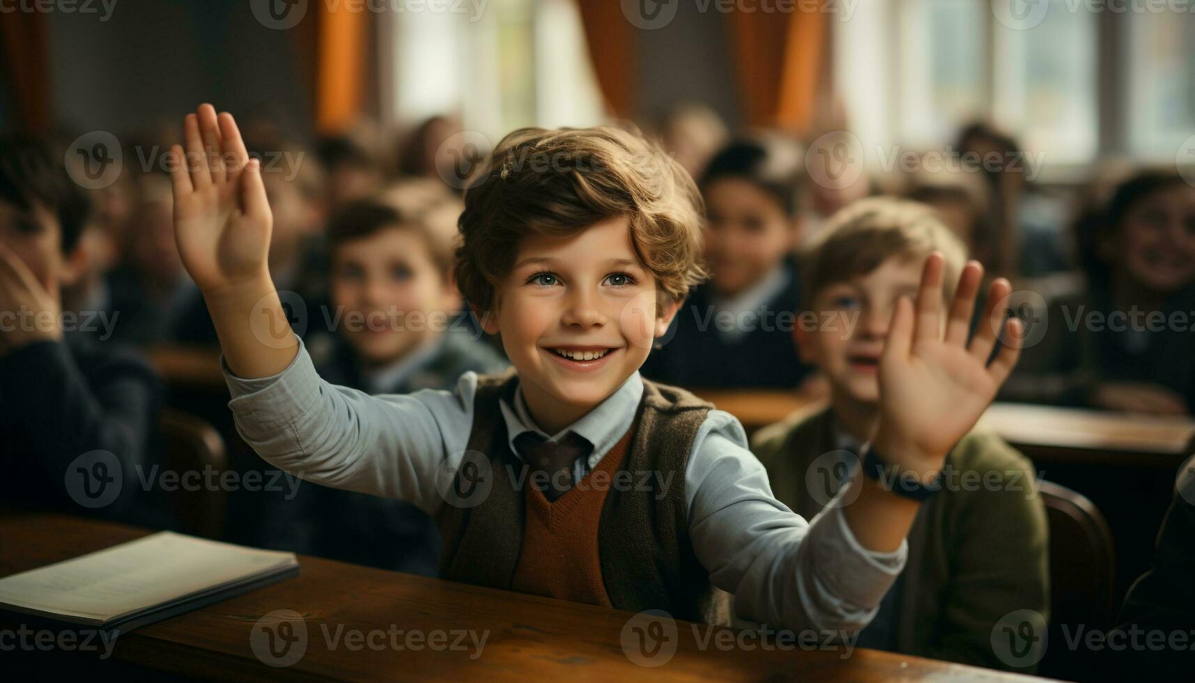 ai generado sonriente niños estudiando en aula, aprendizaje con felicidad y atención generado por ai foto