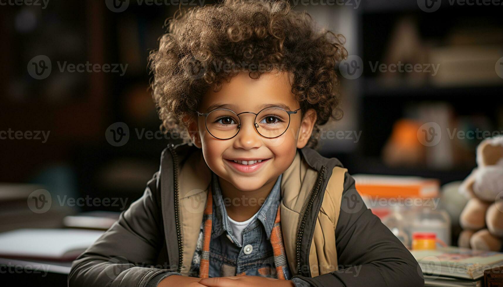 AI generated Smiling child sitting indoors, looking at camera, learning happily generated by AI photo