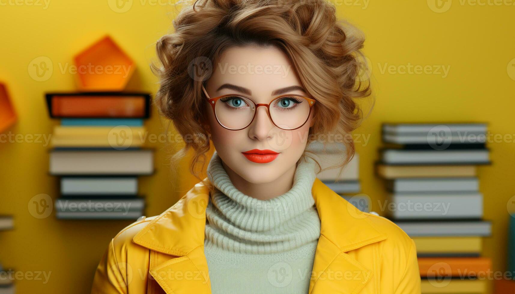 AI generated Young woman studying, smiling, surrounded by books in a library generated by AI photo