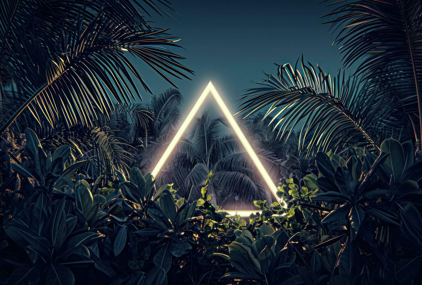 AI generated neon triangle surrounded by tropical plants photo