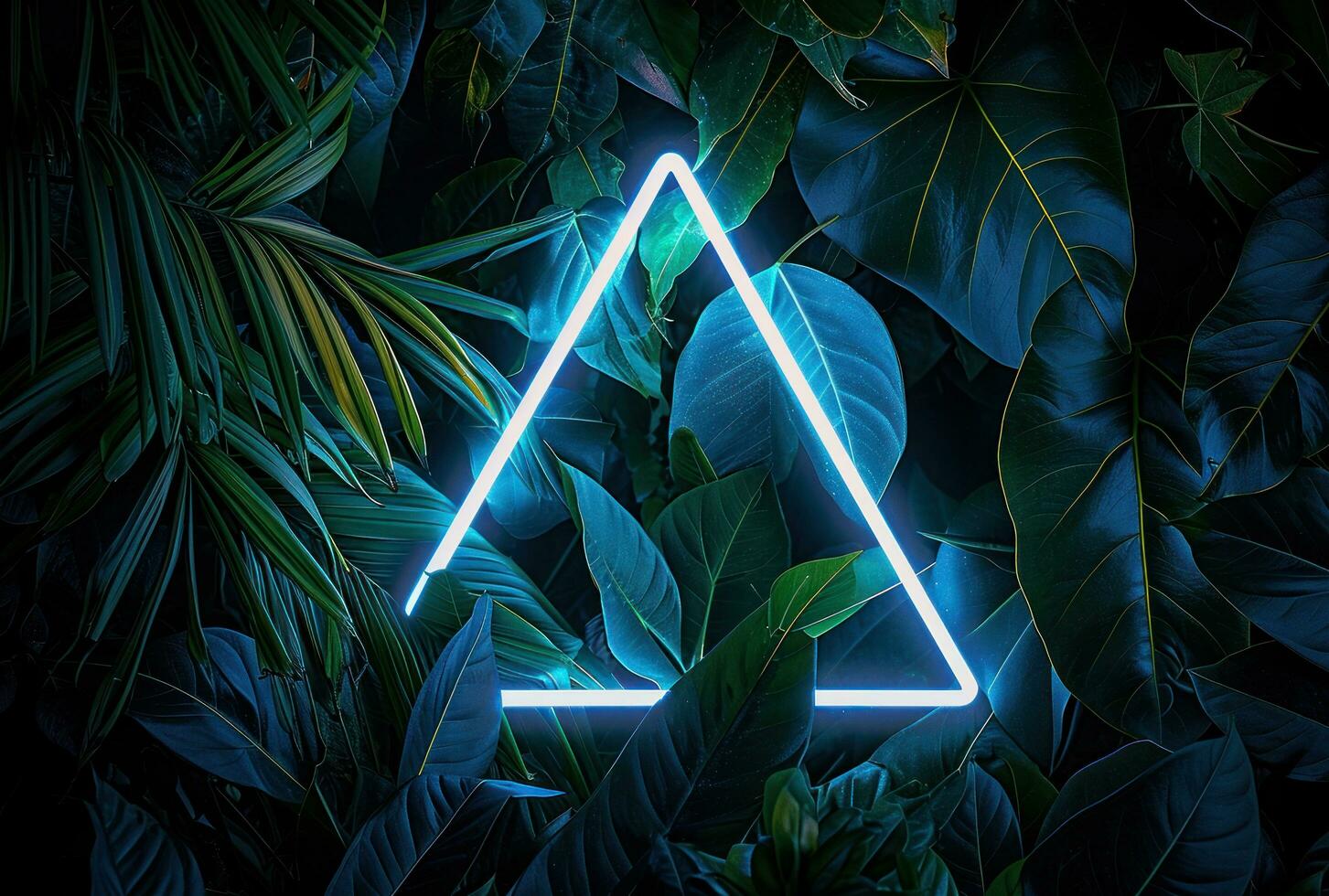 AI generated neon triangle frame surrounded by tropical plants photo