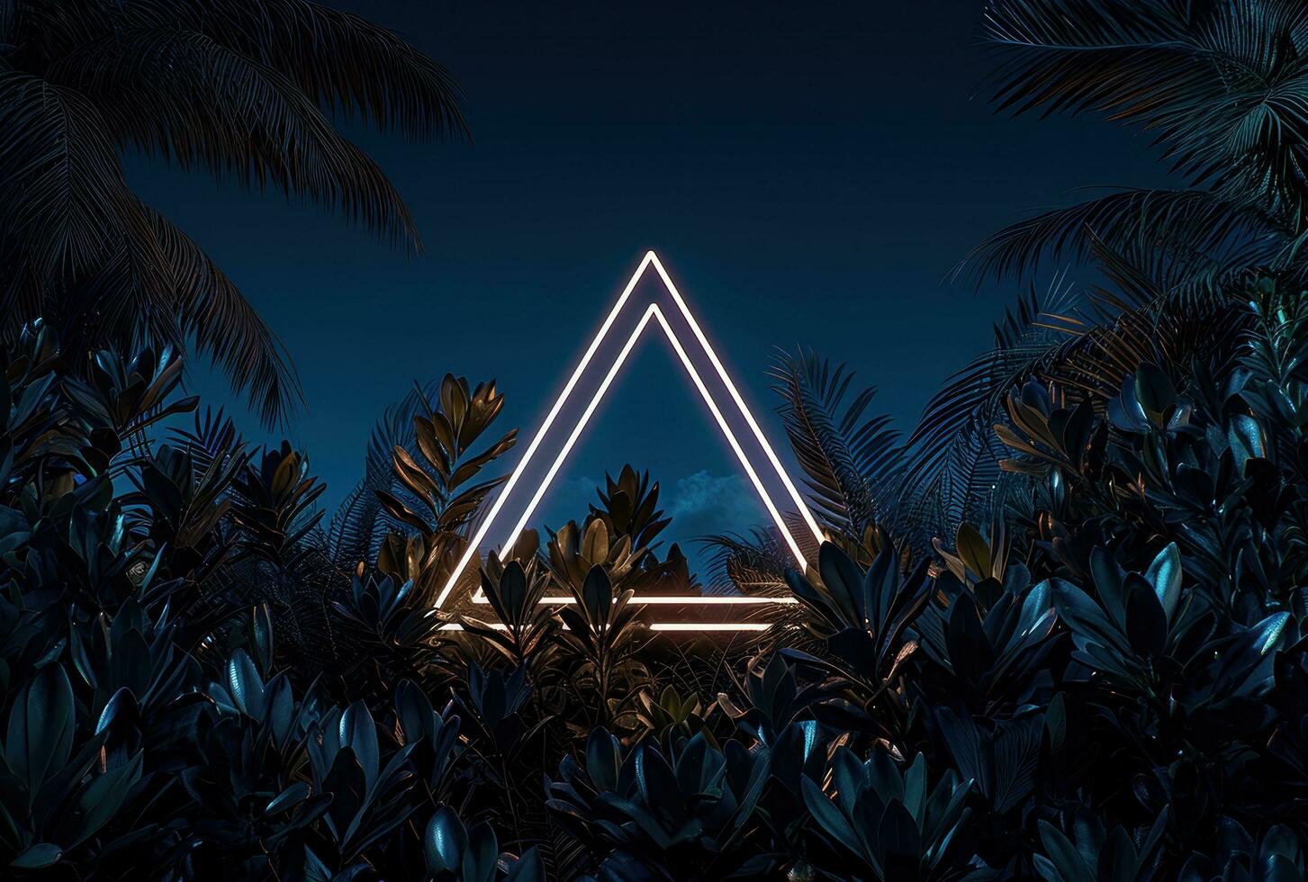 AI generated neon triangle surrounded by tropical plants photo