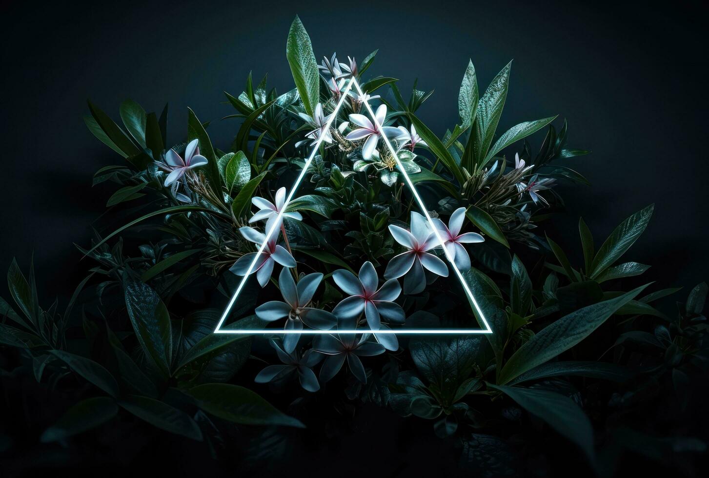 AI generated neon triangle with tropical plants, photo