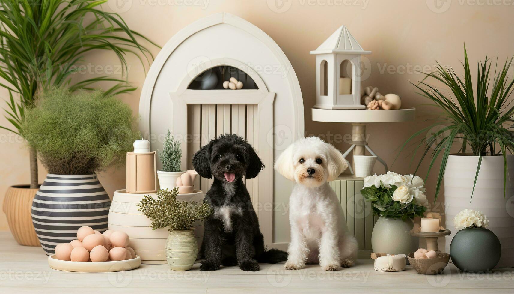 AI generated Cute puppy sitting on table, surrounded by flowers and toys generated by AI photo