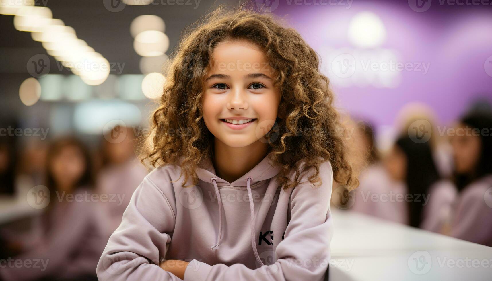 AI generated Smiling child sitting in classroom, learning with happiness and confidence generated by AI photo