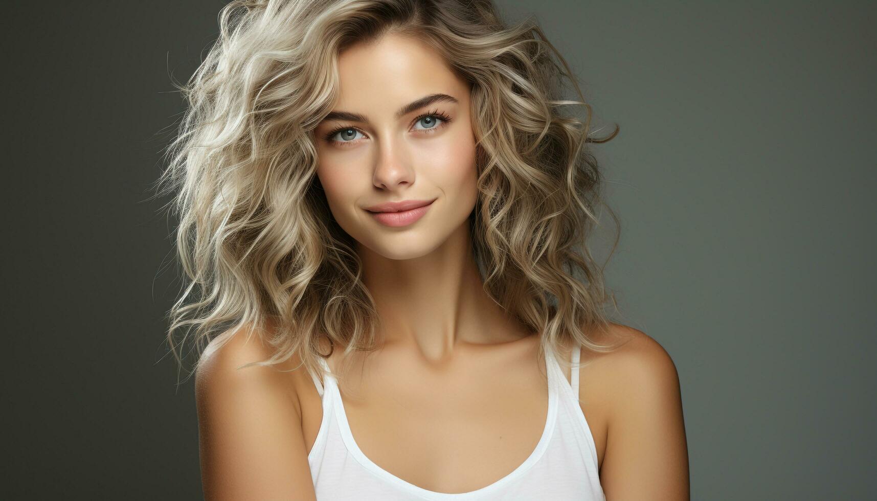 AI generated Beautiful blond woman with long curly hair, looking at camera generated by AI photo