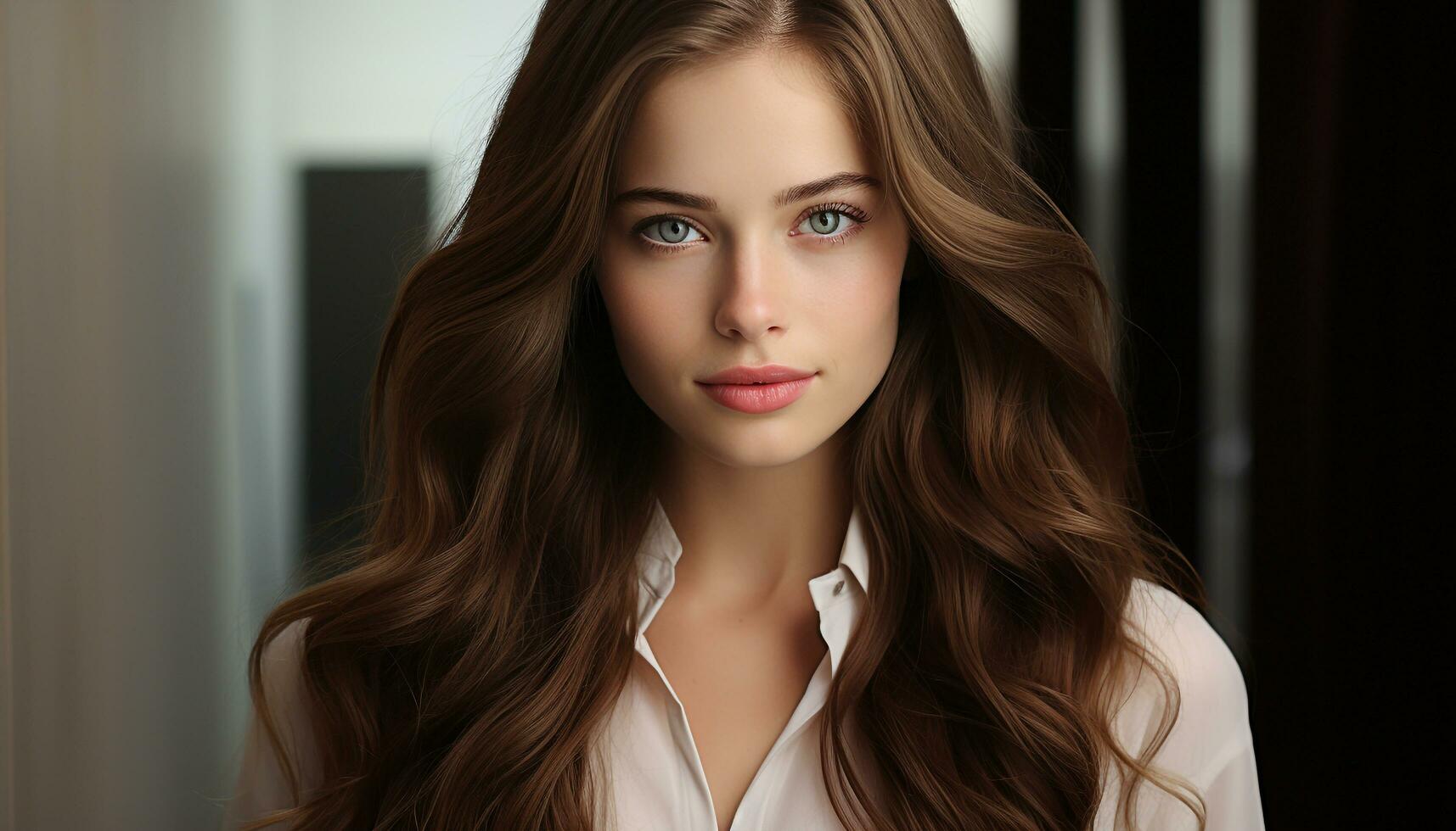 AI generated Beautiful Caucasian woman with long brown hair, looking at camera generated by AI photo