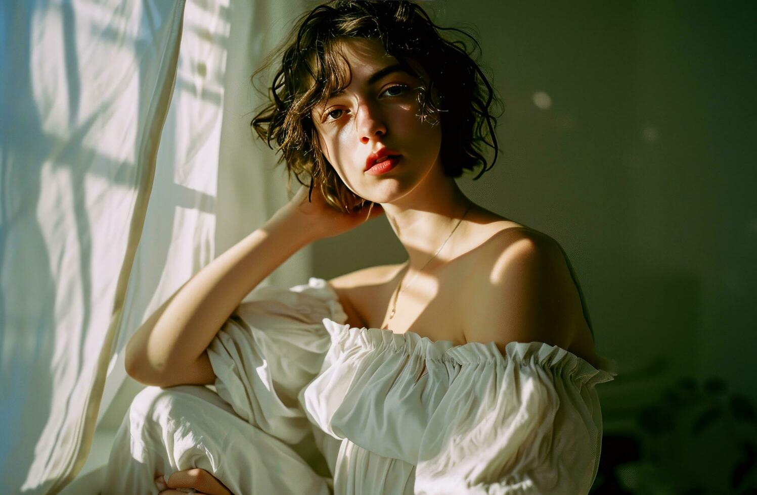 AI generated the model wears a white off the shoulder dress in her hands and posing photo