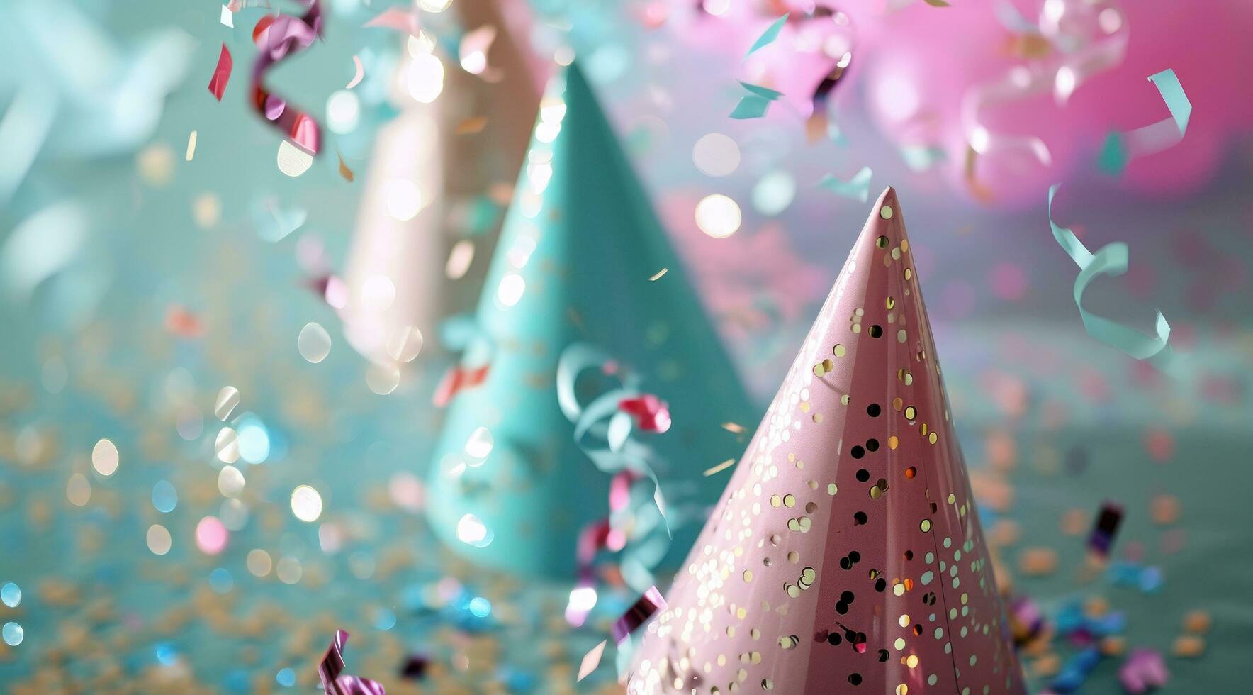 AI generated three colorful hats are flying in front of confetti photo