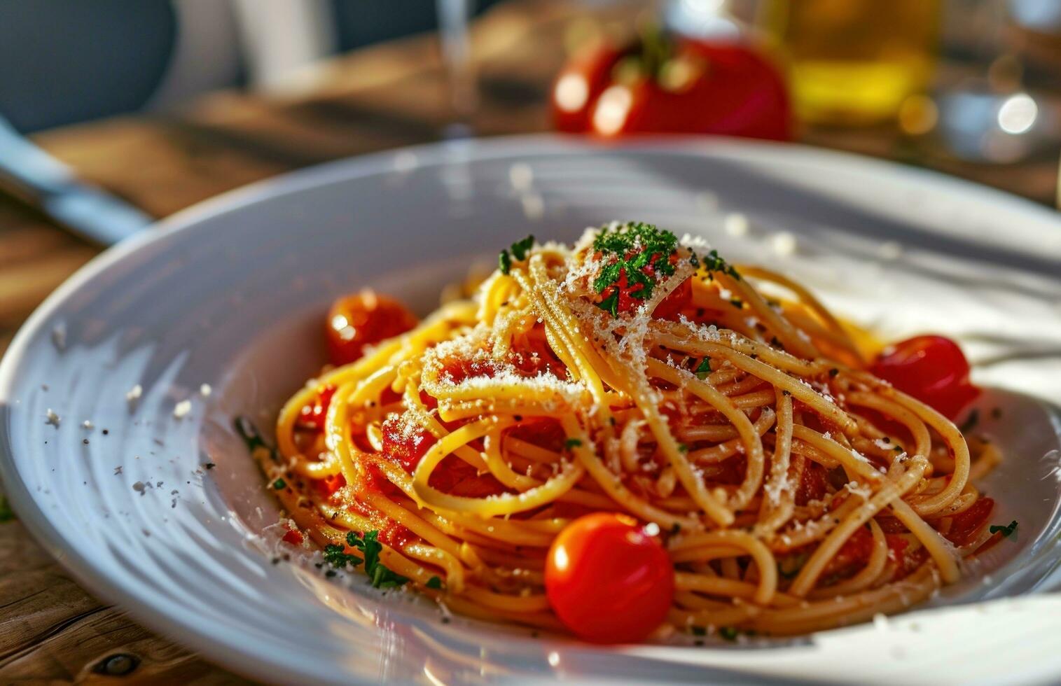 AI generated spaghetti on white plate with tomato photo