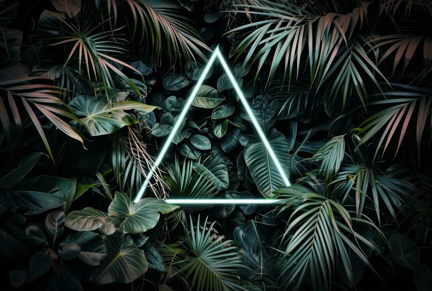 AI generated neon triangle surrounded by tropical plants photo