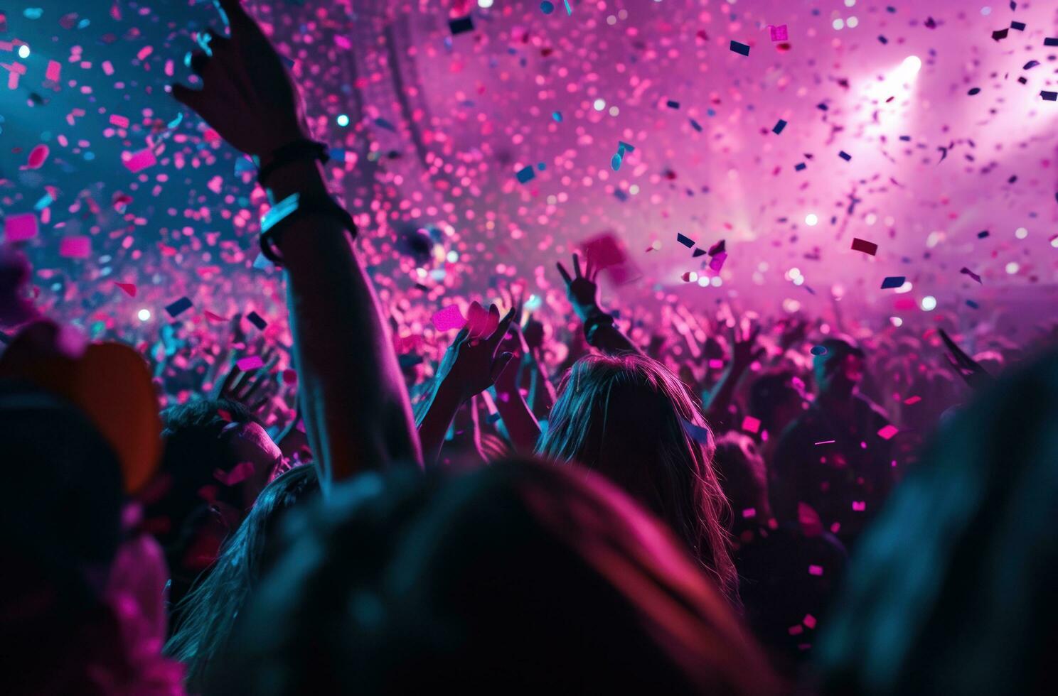 ai generado personas a un concierto con papel picado alrededor ellos foto