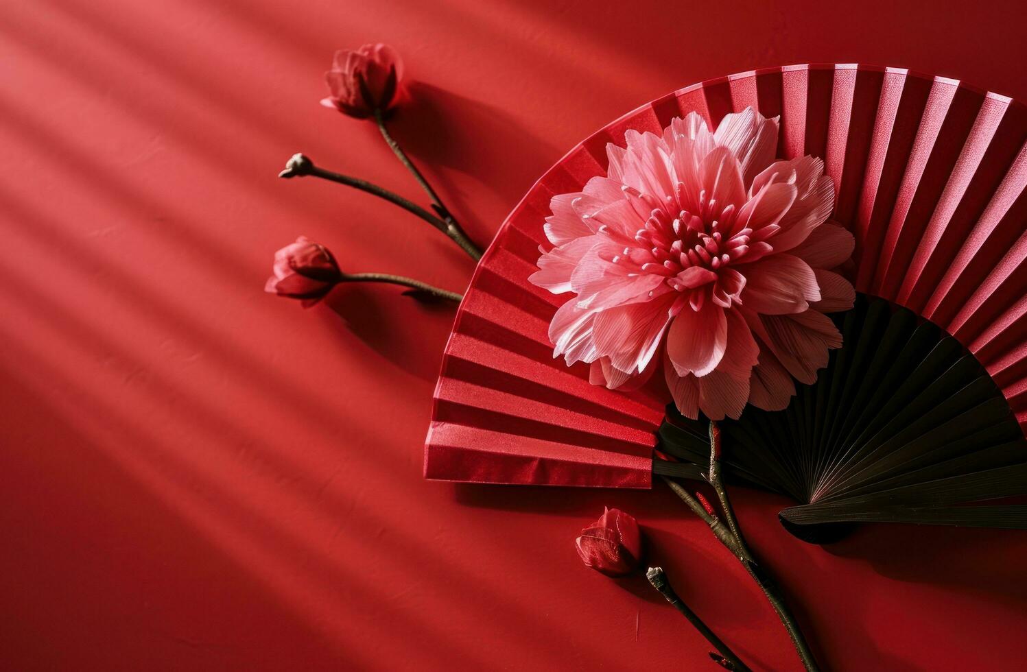 AI generated on a red background a fan holds a pink flower photo