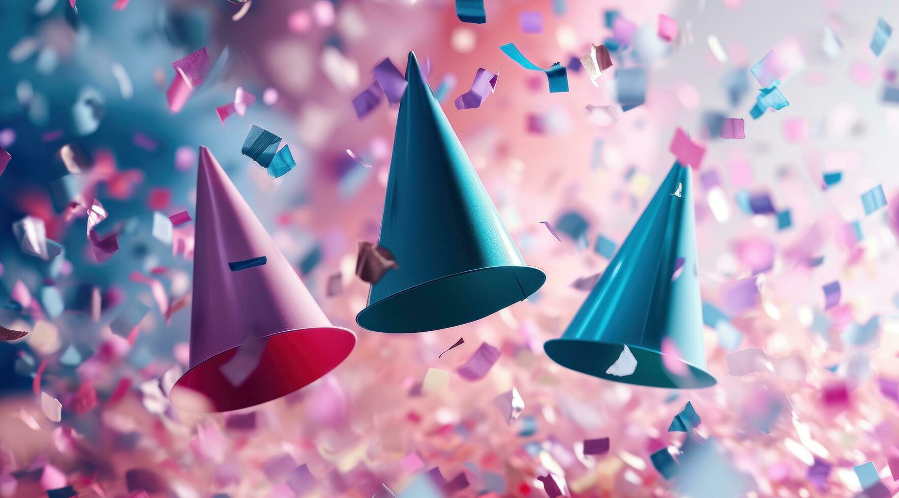 AI generated three colorful hats are flying in front of confetti photo