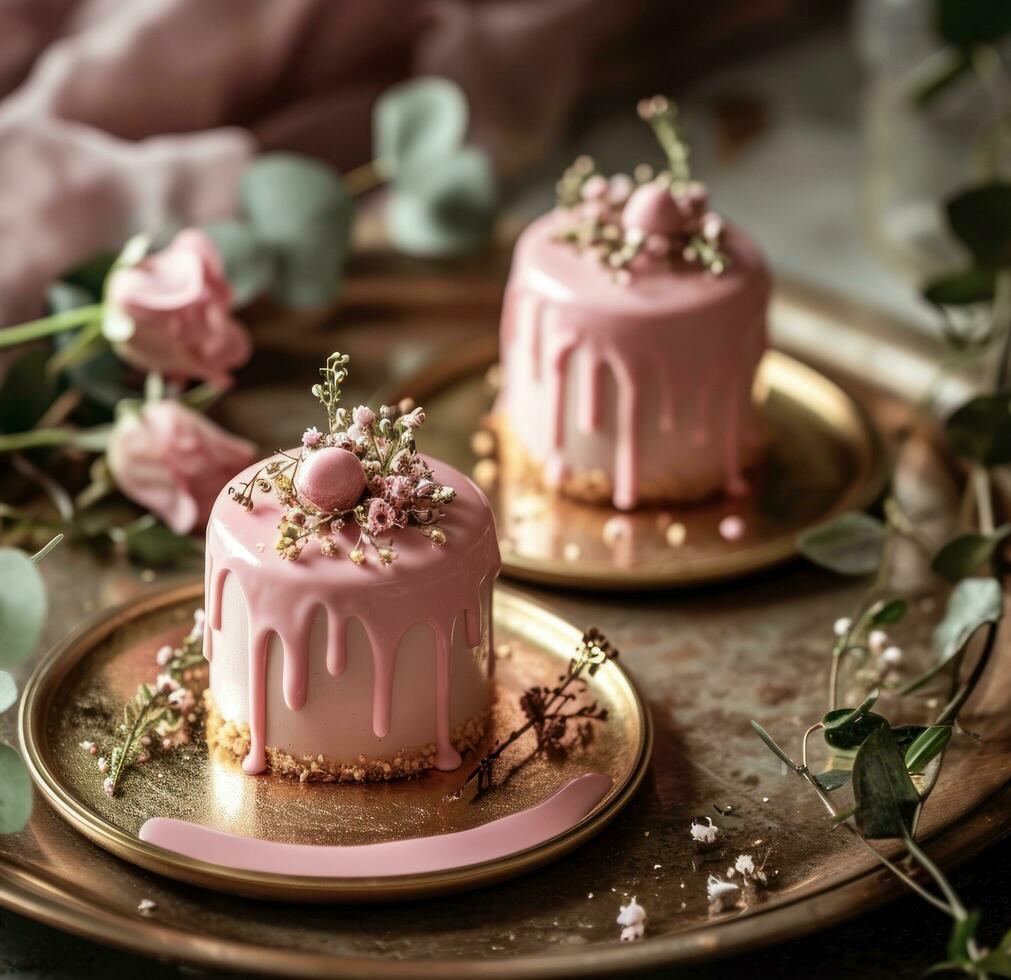 ai generado dos rosado pasteles sentado en parte superior de un oro plato foto