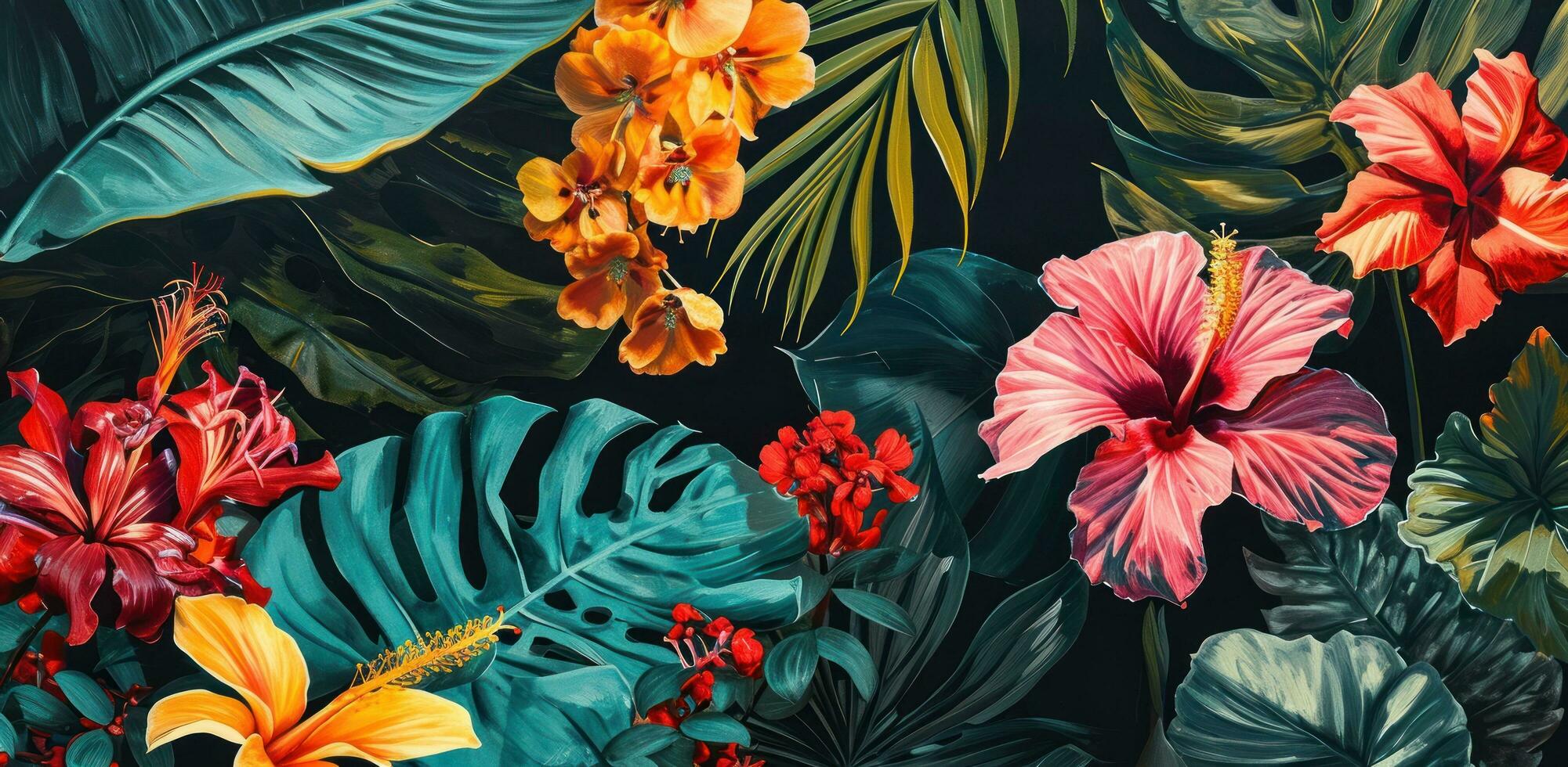 AI generated tropical flowers painted on black background photo