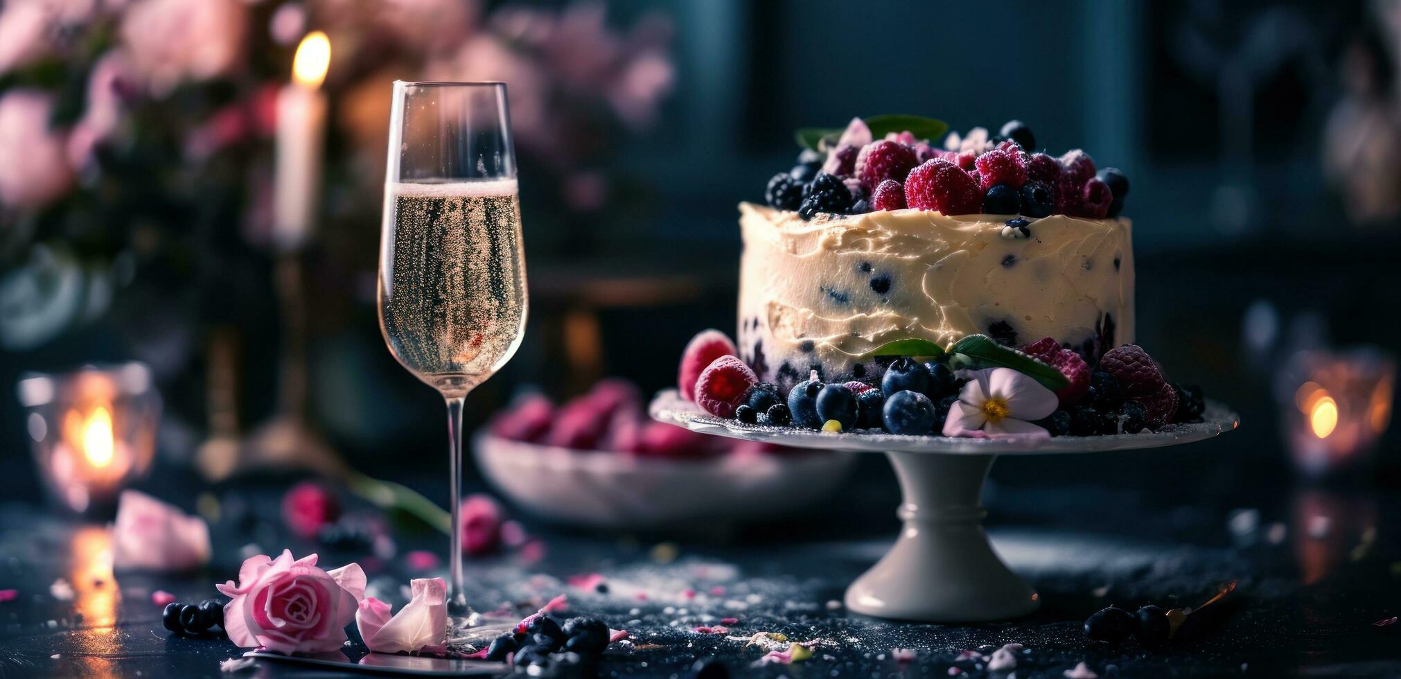 AI generated this image shows an elegant cake with a glass of champagne photo