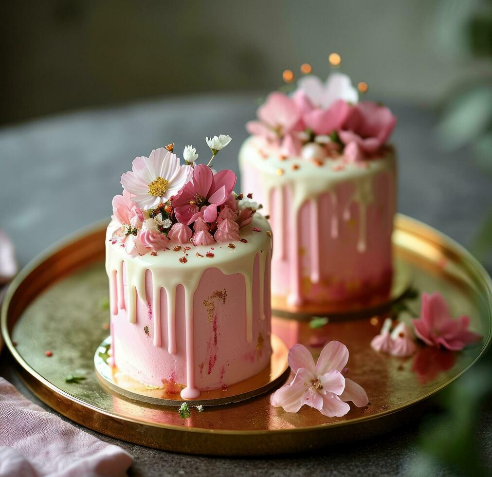 ai generado dos rosado pasteles sentado en parte superior de un oro plato foto