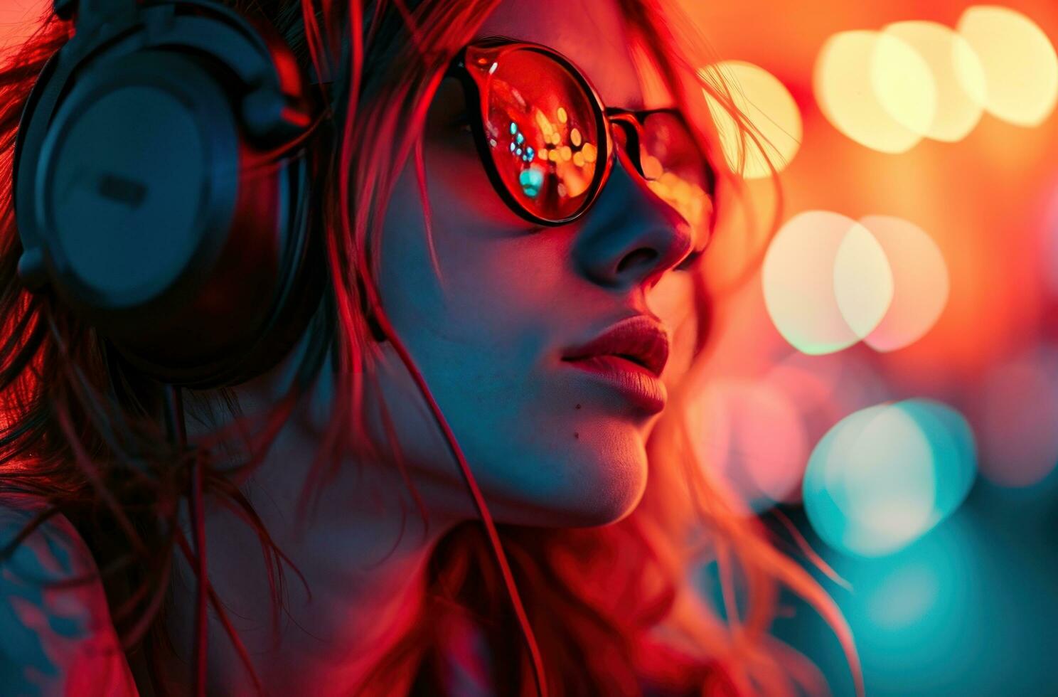 AI generated young woman with headphones in front of light photo