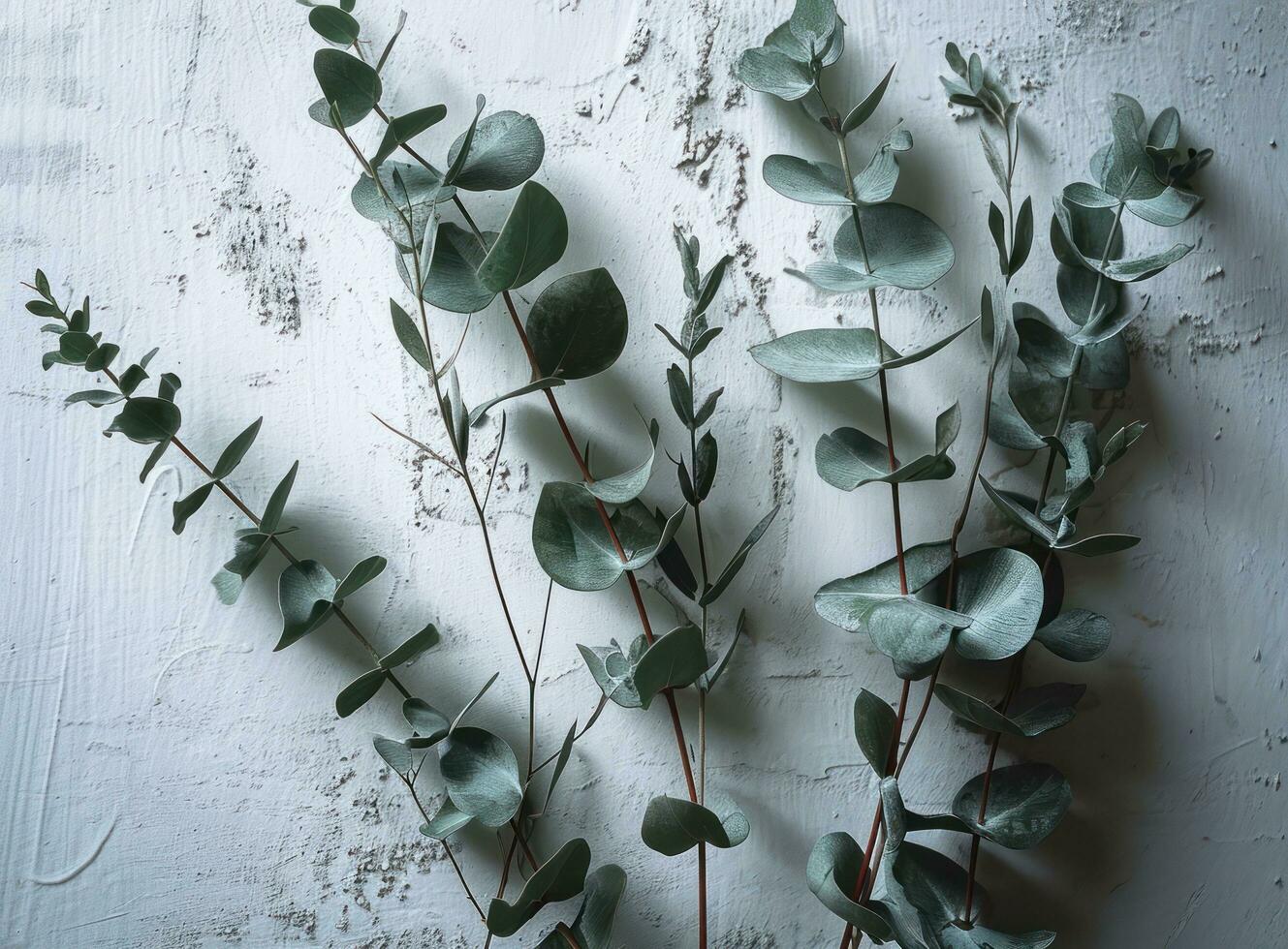 AI generated two eucalyptus branches on a white wall photo