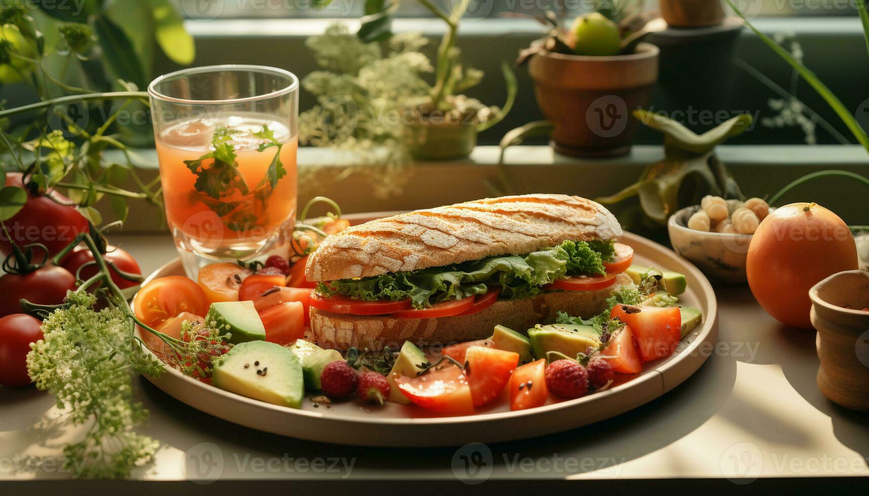 AI generated Freshness on a plate grilled meat, salad, and ciabatta sandwich generated by AI photo