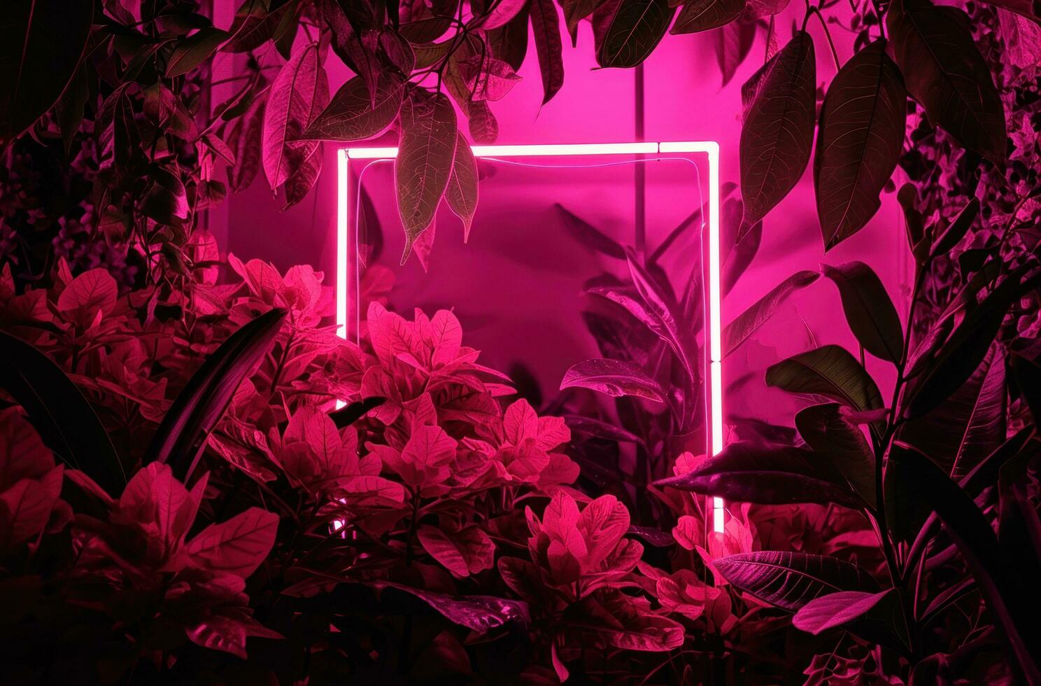 AI generated the glowing neon frame is surrounded by pink leaves and tropical flowers photo