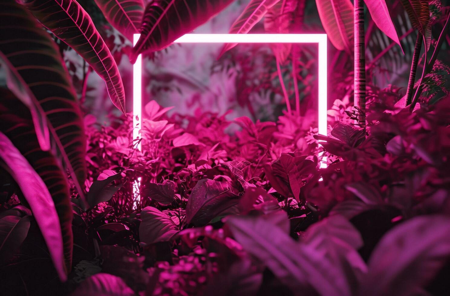 AI generated the glowing neon frame is surrounded by pink leaves and tropical flowers photo