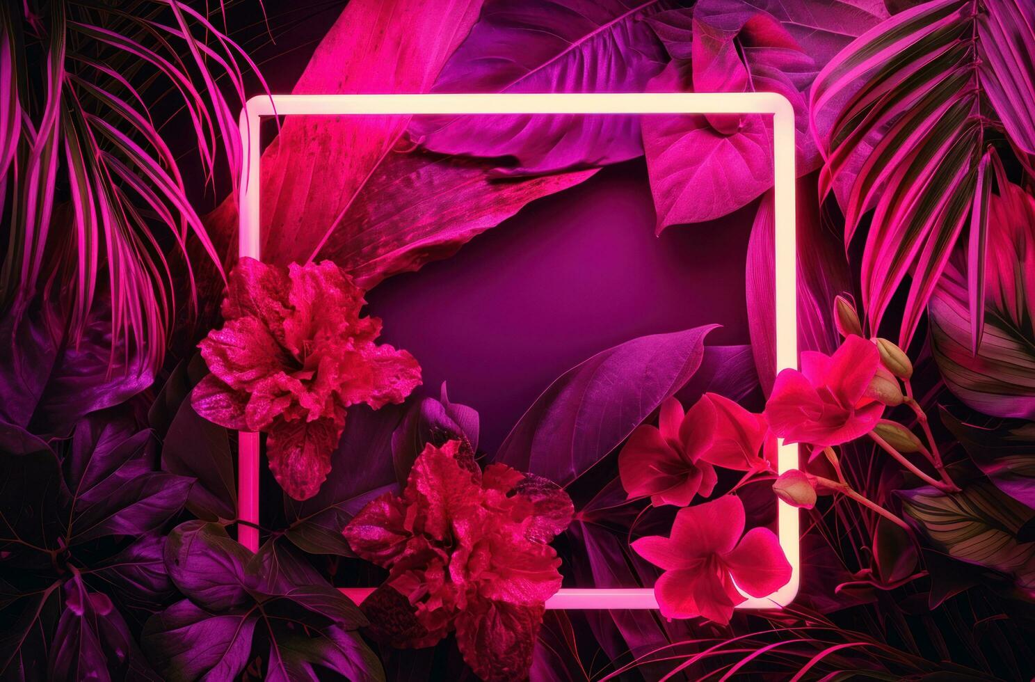 AI generated the glowing neon frame is surrounded by pink leaves and tropical flowers photo
