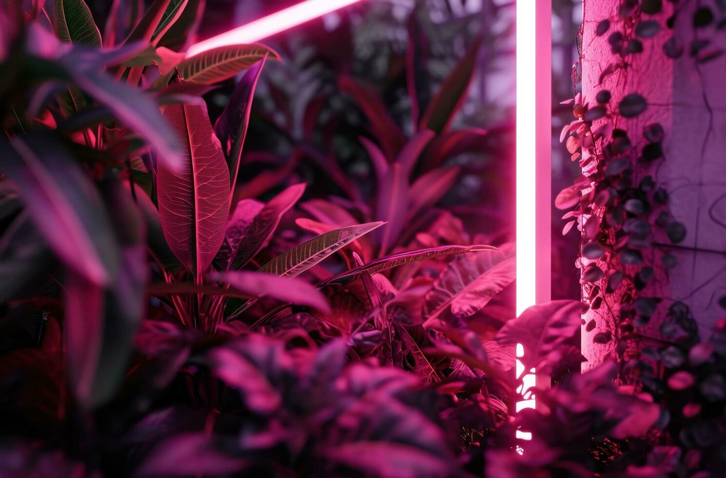 AI generated the glowing neon frame is surrounded by pink leaves and tropical flowers photo