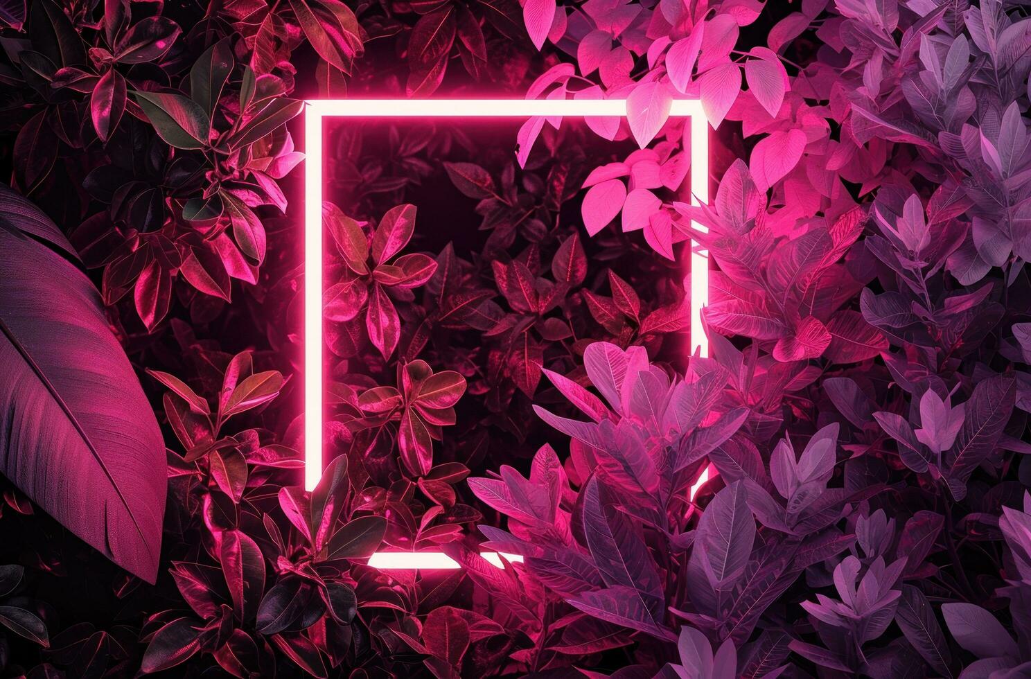 AI generated the glowing neon frame is surrounded by pink leaves and tropical flowers photo