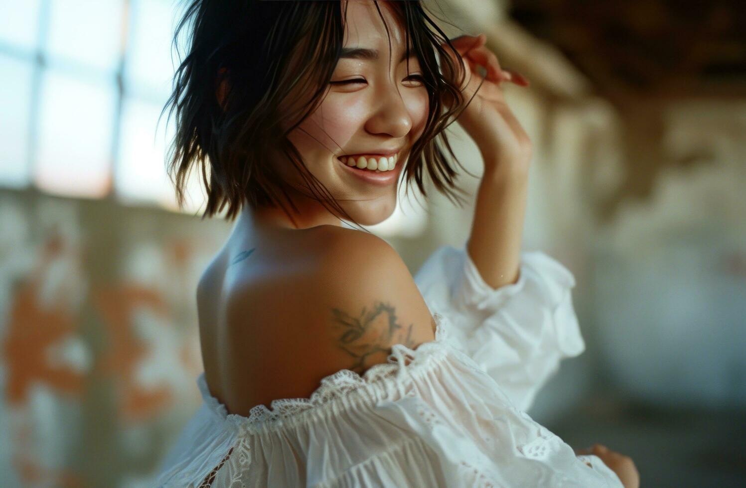 AI generated the model wears a white off the shoulder dress in her hands and posing photo