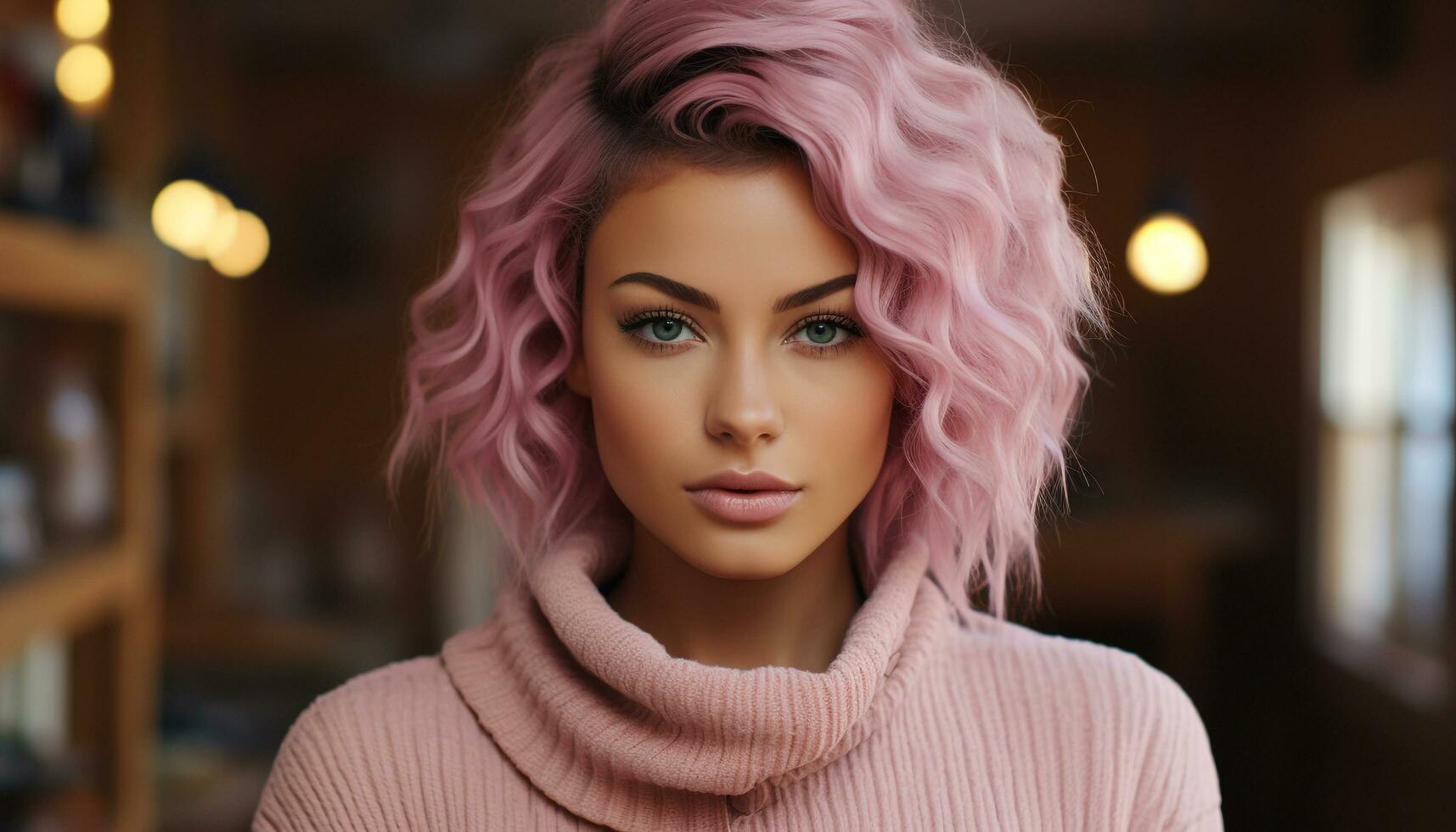 AI generated Beautiful young woman with brown hair looking at camera indoors generated by AI photo