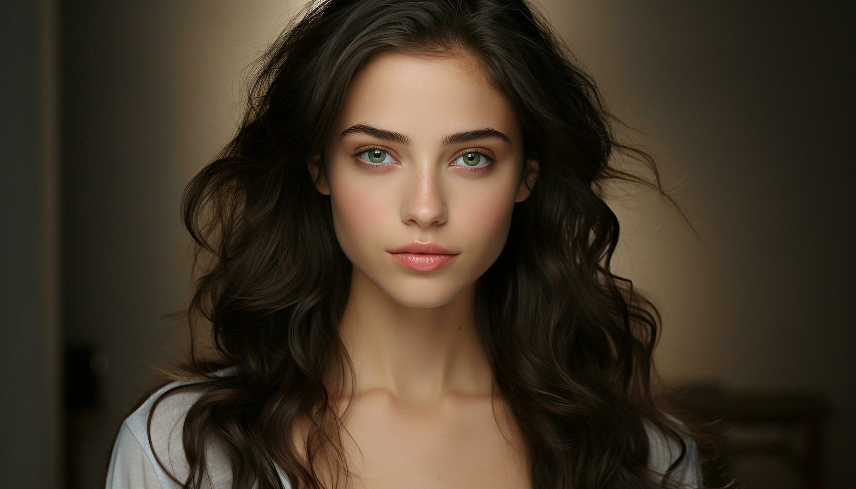 AI generated Beautiful woman with long brown hair, looking at camera, smiling generated by AI photo