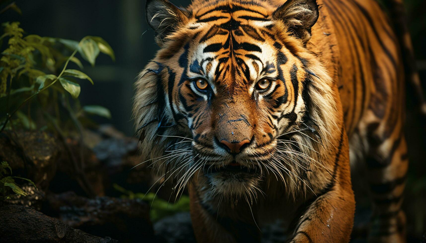 AI generated Majestic Bengal tiger staring, beauty in nature, wildcat in wilderness generated by AI photo