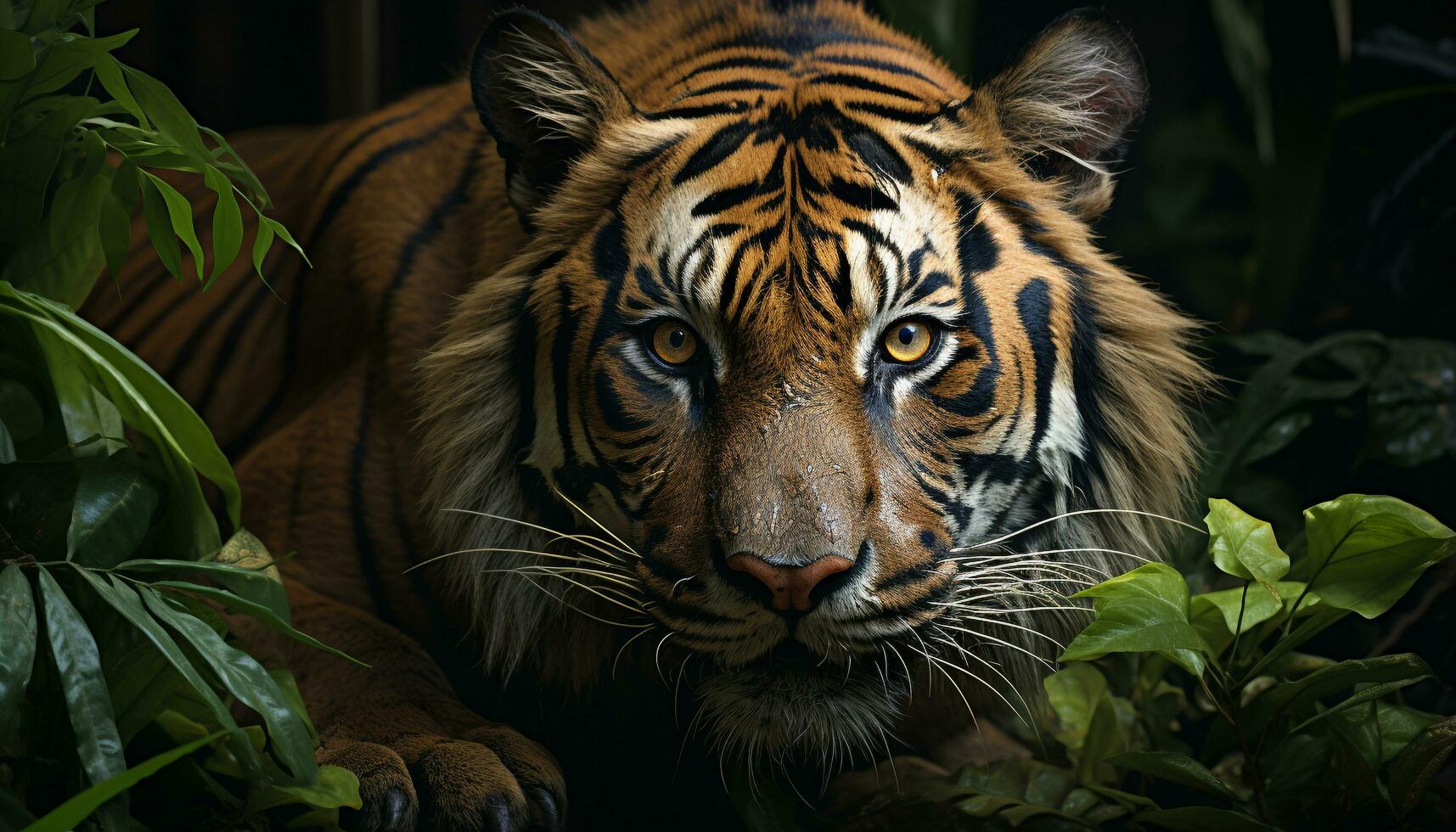 AI generated Bengal tiger, majestic and fierce, stares into the camera generated by AI photo