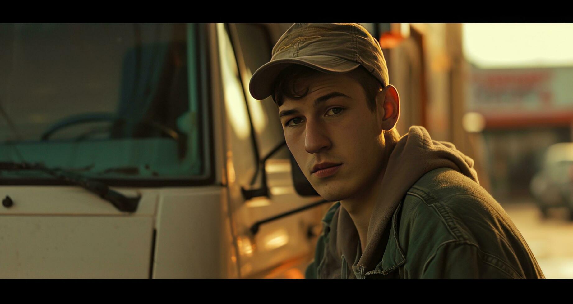 AI generated young man in face next to a delivery van photo