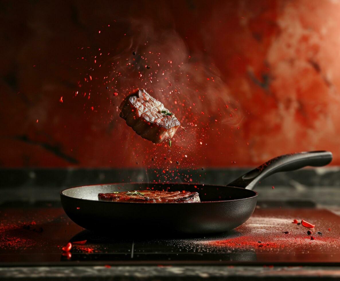 AI generated a steak flying out of a frying pan photo