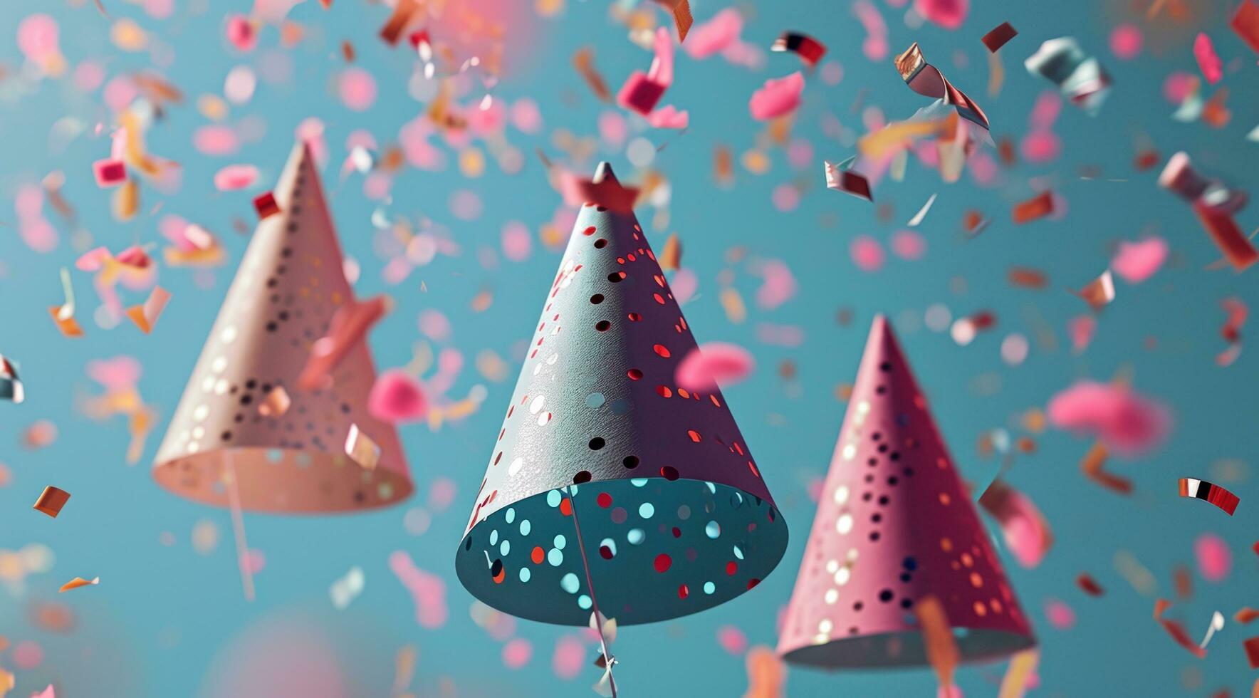 AI generated three colorful hats are flying in front of confetti photo