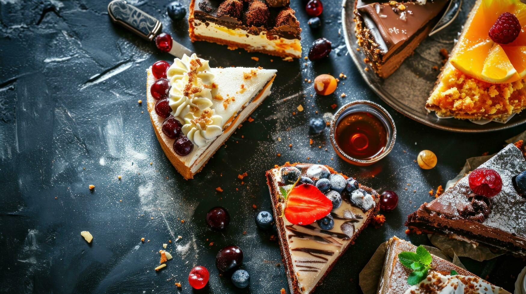 AI generated Assortment of pieces of cake on messy table photo