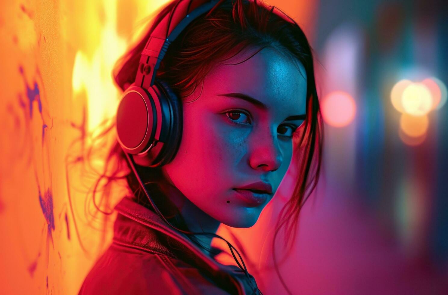 AI generated young woman with headphones in front of light 36804389 ...