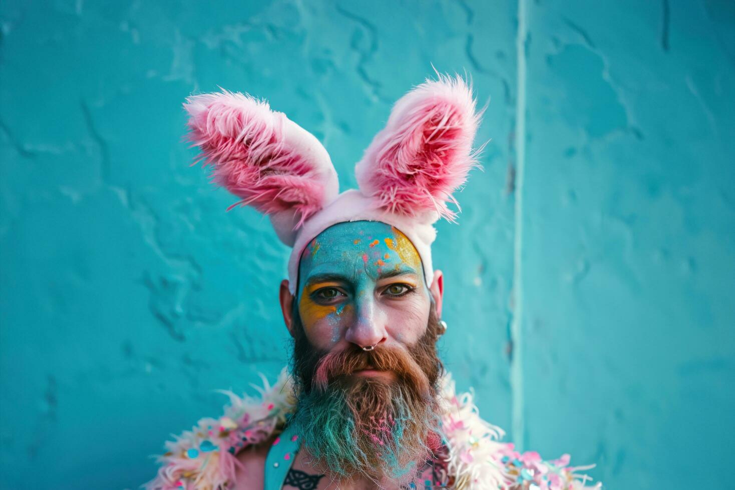 ai generado Conejo disfraz con barba y conejito orejas foto