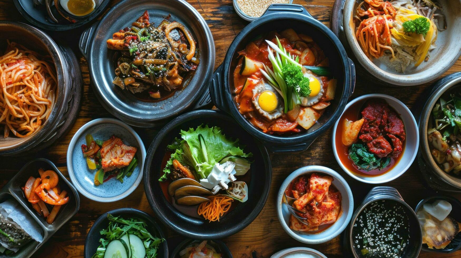 AI generated Assortment of Korean traditional dishes. Asian food. photo