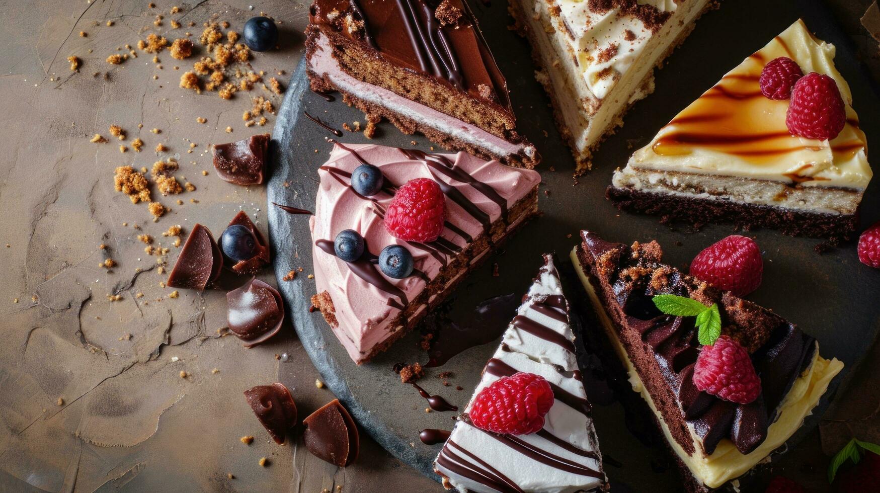 AI generated Assortment of pieces of cake on messy table photo