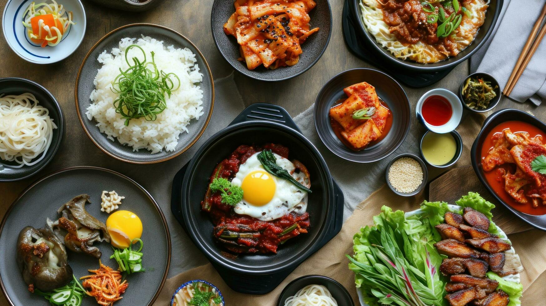 AI generated Assortment of Korean traditional dishes. Asian food. photo
