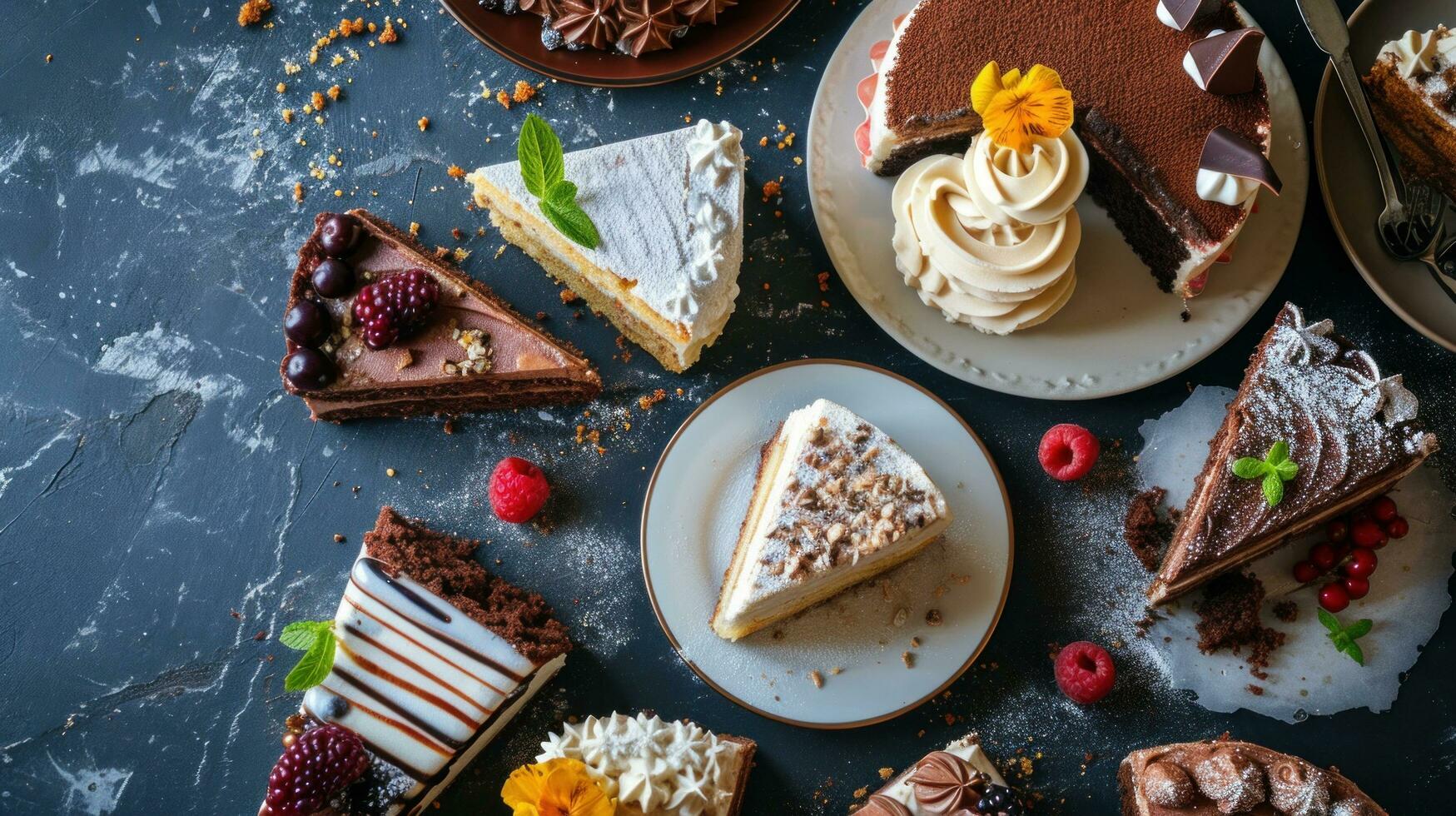 AI generated Assortment of pieces of cake on messy table photo