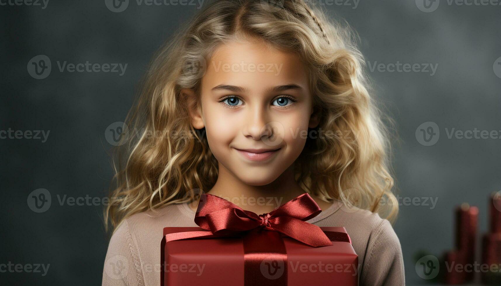 AI generated Smiling girl holding gift, celebrating birthday with joyful innocence generated by AI photo