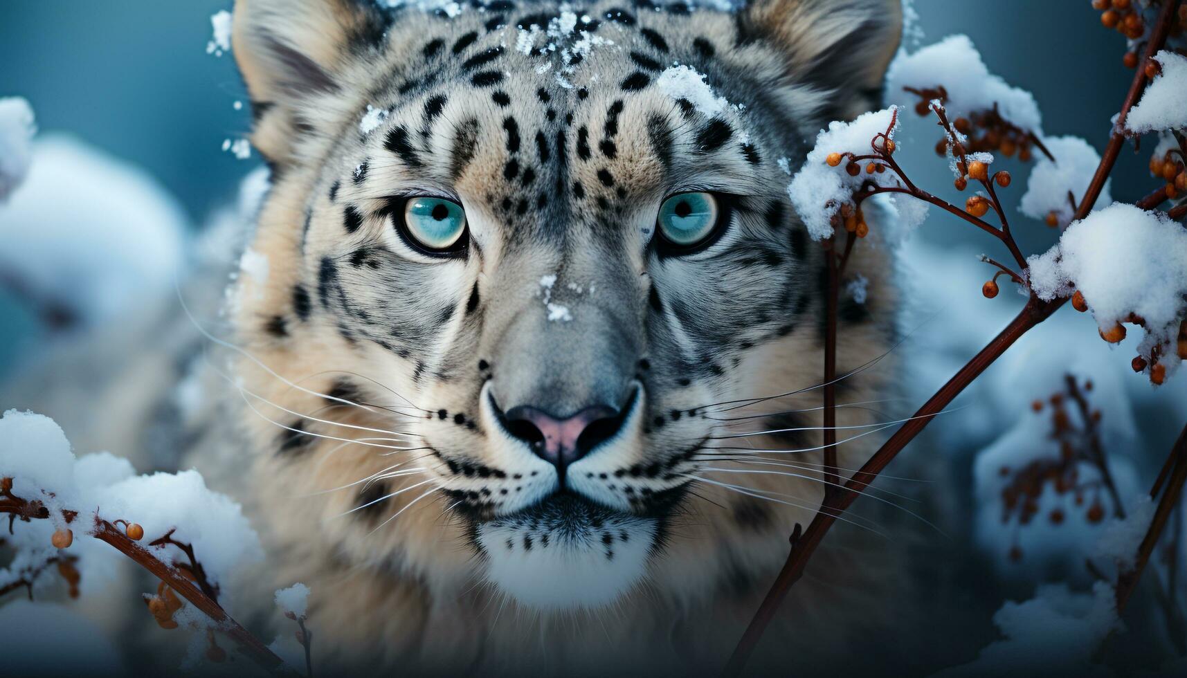 AI generated Majestic snow leopard staring, beauty in nature, wilderness tranquility generated by AI photo