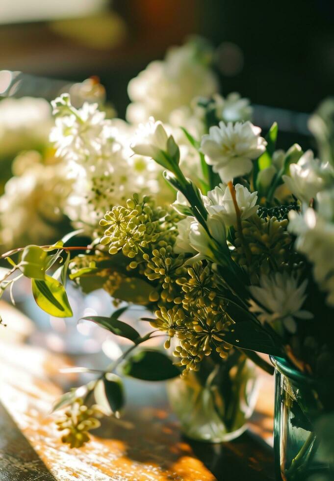 AI generated white flower arrangements on table photo