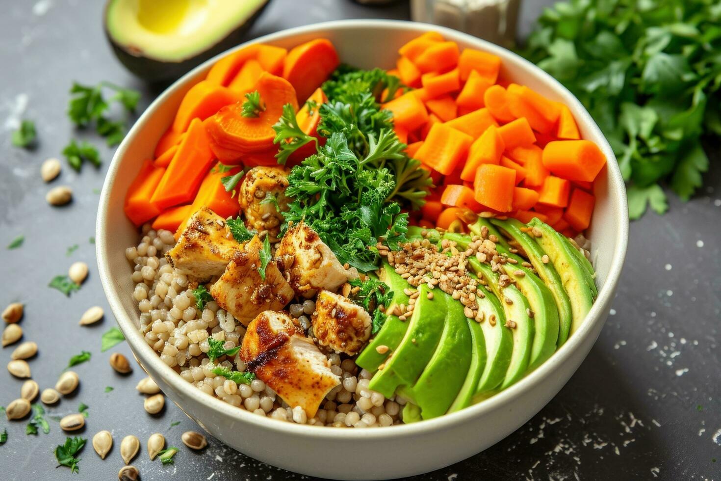 ai generado cuenco Buda. alforfón, calabaza, pollo filete, palta, zanahorias foto