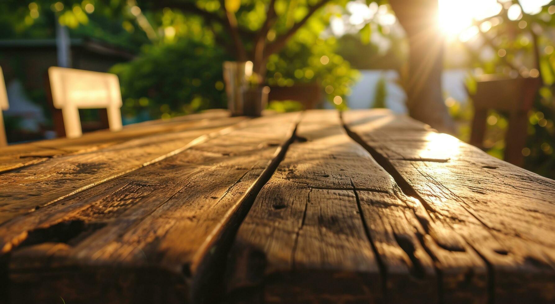 AI generated wooden table top on landscape background in blurry sunlight photo